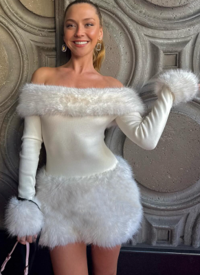 Sexy Fur Patchwork One-shoulder Slim-fit Long-sleeved Hip Dress