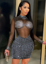 Fashionable And Sexy Nightclub Rhinestone Mesh See-Through Long-Sleeved Dress