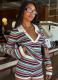 Casual Striped Contrast Lapel Deep V Long-Sleeved Top And Shorts Set