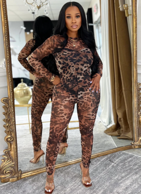 Fashionable Women's Sexy Leopard Print Mesh And See-Through Jumpsuit