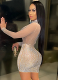 Fashionable And Sexy Nightclub Rhinestone Mesh See-Through Long-Sleeved Dress