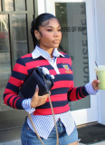 Loose Casual Striped Contrast Lapel POLO Shirt Sweatshirt