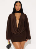 Autumn Solid Color Casual Deep V-Neck Long-Sleeved Top Mini Skirt Suit