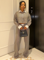 Striped Cardigan Lapel Shirt High Waist Contrast Color Wide Leg Pants Casual Two Piece Suit