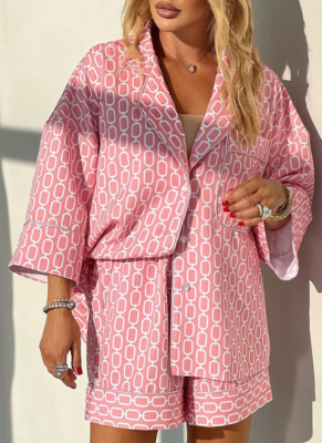 Fashion Printed Shirt Lapel Three-quarter Sleeve Top Loose Shorts Set
