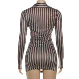 Striped Long Sleeve Collarless Buttoned Sexy Slim-Fit Short Skirt Suit