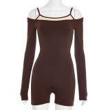 Sexy Spicy Girl Style Colorblock Long Sleeve Faux Two-Piece Slim Fit One-Piece Shorts