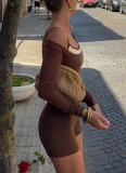 Sexy Spicy Girl Style Colorblock Long Sleeve Faux Two-Piece Slim Fit One-Piece Shorts