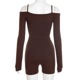 Sexy Spicy Girl Style Colorblock Long Sleeve Faux Two-Piece Slim Fit One-Piece Shorts