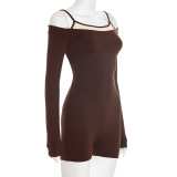 Sexy Spicy Girl Style Colorblock Long Sleeve Faux Two-Piece Slim Fit One-Piece Shorts