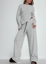 Two-piece Set with Irregular Striped Sash Long Sleeve Top and Drawstring Pants