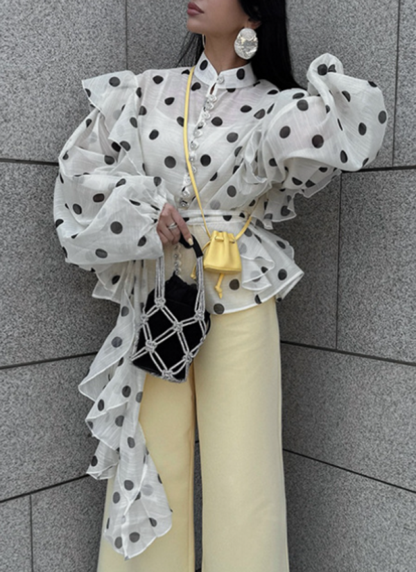 Polka Dot Stand-up Collar French Niche Design Ruffled Tie Shirt