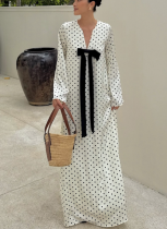 Printed Polka Dot French Bow V-Neck Long Sleeve Dress