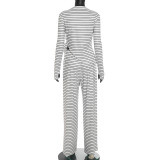 Two-piece Set with Irregular Striped Sash Long Sleeve Top and Drawstring Pants