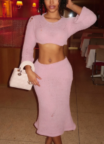 Sexy Bell-Sleeved Long Sleeve Midriff-Baring Sweater Slim-Fit Fish Tail Skirt Knitwear Set