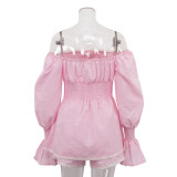 Lace Splicing One-shoulder Tube Top With Flared Sleeves and Shorts Two-piece Set