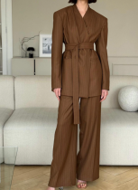 V-neck Long Sleeve Waistcoat Suit Top Wide Leg Pants Two-piece Set