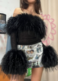 Sexy Spicy Girl Style Solid Color Short Cropped Furry Patchwork Long Sleeve Top