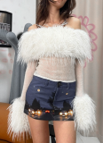 Sexy Spicy Girl Style Solid Color Short Cropped Furry Patchwork Long Sleeve Top