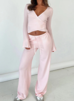 Casual Lace-Up Bell Sleeve Top Plus Fleece Loose Pants Pajamas Two-Piece Set