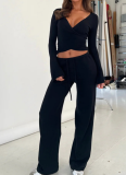 Casual Lace-Up Bell Sleeve Top Plus Fleece Loose Pants Pajamas Two-Piece Set