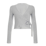 Casual Lace-Up Bell Sleeve Top Plus Fleece Loose Pants Pajamas Two-Piece Set