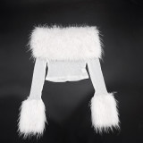 Sexy Spicy Girl Style Solid Color Short Cropped Furry Patchwork Long Sleeve Top