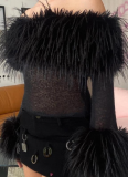 Sexy Spicy Girl Style Solid Color Short Cropped Furry Patchwork Long Sleeve Top