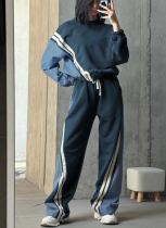 Sporty Style Contrast Color Pullover Striped Sweatshirt Drawstring Trousers Set
