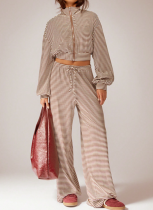 New Striped Waist-Cinching Long Sleeve Zipper Top Loose Pants Two-Piece Set