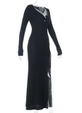 Black Sexy Lace Stitching Slit Slim Fit Dress
