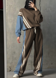 Sporty Style Contrast Color Pullover Striped Sweatshirt Drawstring Trousers Set