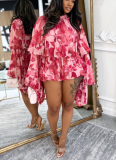 Fashion Printed Ruffled Round Neck Lantern Sleeve Shorts Two-Piece Set