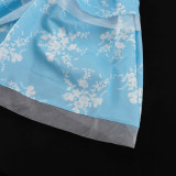 Fashionable V-neck Pleated Print Long-sleeved Waisted A-line Dress