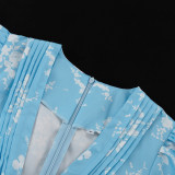 Fashionable V-neck Pleated Print Long-sleeved Waisted A-line Dress