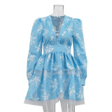 Fashionable V-neck Pleated Print Long-sleeved Waisted A-line Dress
