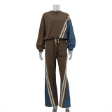 Sporty Style Contrast Color Pullover Striped Sweatshirt Drawstring Trousers Set