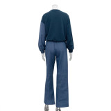 Sporty Style Contrast Color Pullover Striped Sweatshirt Drawstring Trousers Set