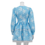 Fashionable V-neck Pleated Print Long-sleeved Waisted A-line Dress