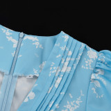 Fashionable V-neck Pleated Print Long-sleeved Waisted A-line Dress