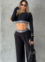 Fashionable Long-Sleeved Sexy Belly-Baring Top And High-Waisted Loose Straight-Leg Pants Set