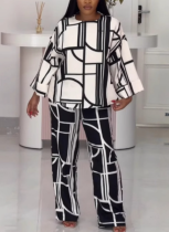Fashionable Printed Round Neck Long Sleeve Straight Pants Loose Two-piece Suit