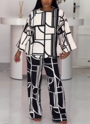 Fashionable Printed Round Neck Long Sleeve Straight Pants Loose Two-piece Suit