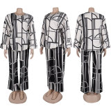 Fashionable Printed Round Neck Long Sleeve Straight Pants Loose Two-piece Suit