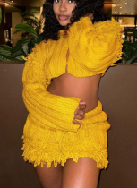 Casual Solid Color Navel-baring Long-sleeved Cardigan With Tassel Skirt Two-piece Suit