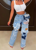 Fashion Patch White Washed Distressed Straight Loose Denim Trousers