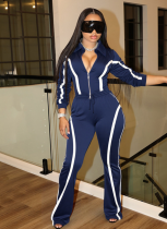 Casual Sports Contrast Color Lapel Zipper Top Drawstring Wide-Leg Pants Suit