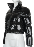 2025 Autumn Solid Color Mirror PU Leather Stand Collar Cardigan Down Jacket