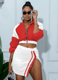 New Autumn And Winter Slim Sexy Color Matching Long-Sleeved Top And Short Skirt Two-Piece Set