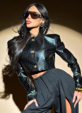 Autumn And Winter Women's Crocodile Pattern Long-Sleeved Fashionable Versatile Leather Jacket